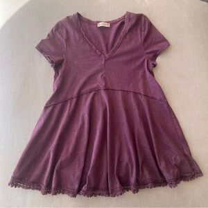 Altar’d State Burgundy Purple Crochet Trim Babydoll Short Sleeve Bohemian Tee S